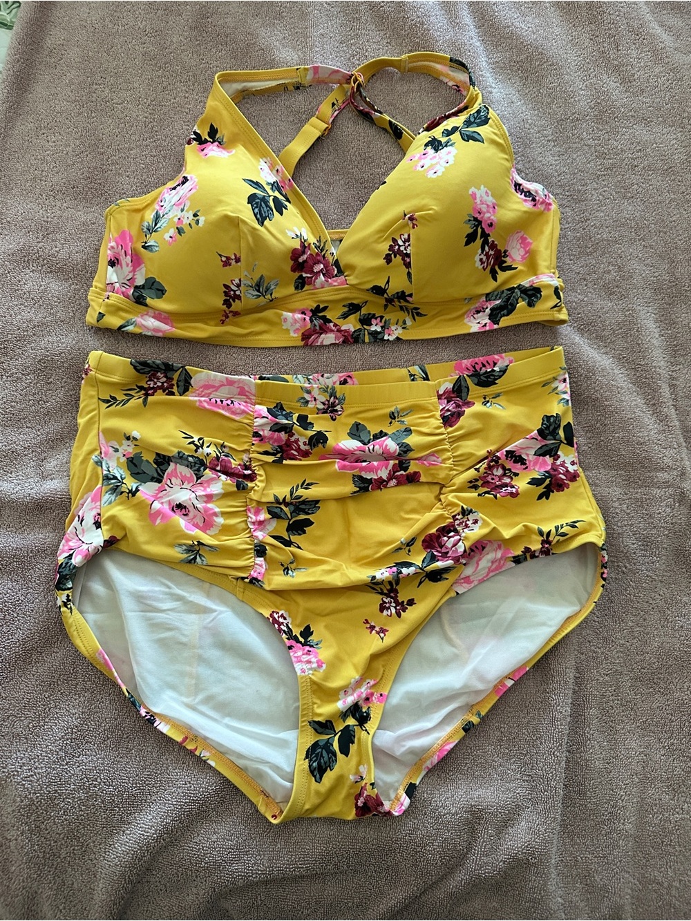 Yellow Floral Two-Piece High-Waist Bikini